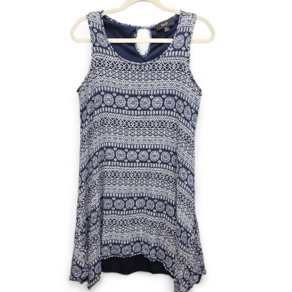 NAIF XL Navy and White Medallion Geometric Print Sleeveless Asymmetric Hem Tunic